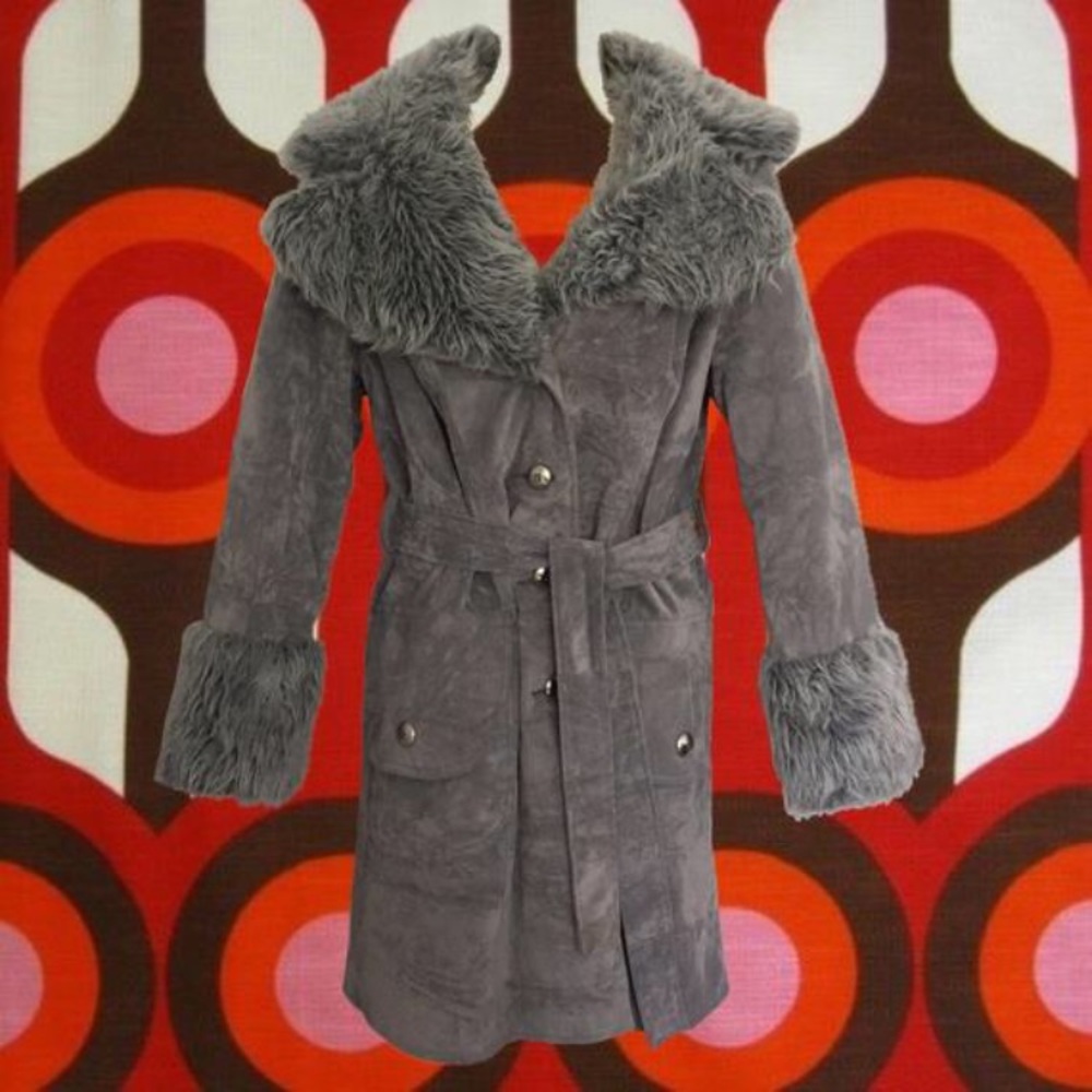 Grey Vintage Vegan Coat - Faux Suede, Faux Fur